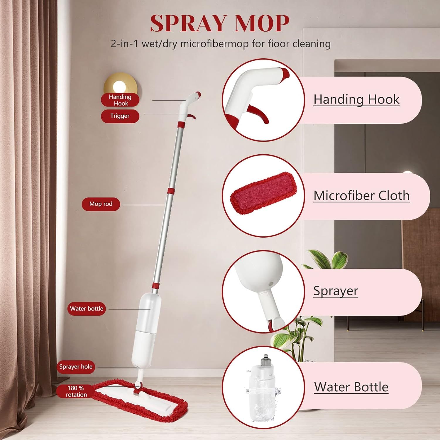 1pc aluminum spray mop with washable microfiber pad portable floor cleaning system for tile and hardwood floors wet spray mop with 650ml refillable bottle   details 4