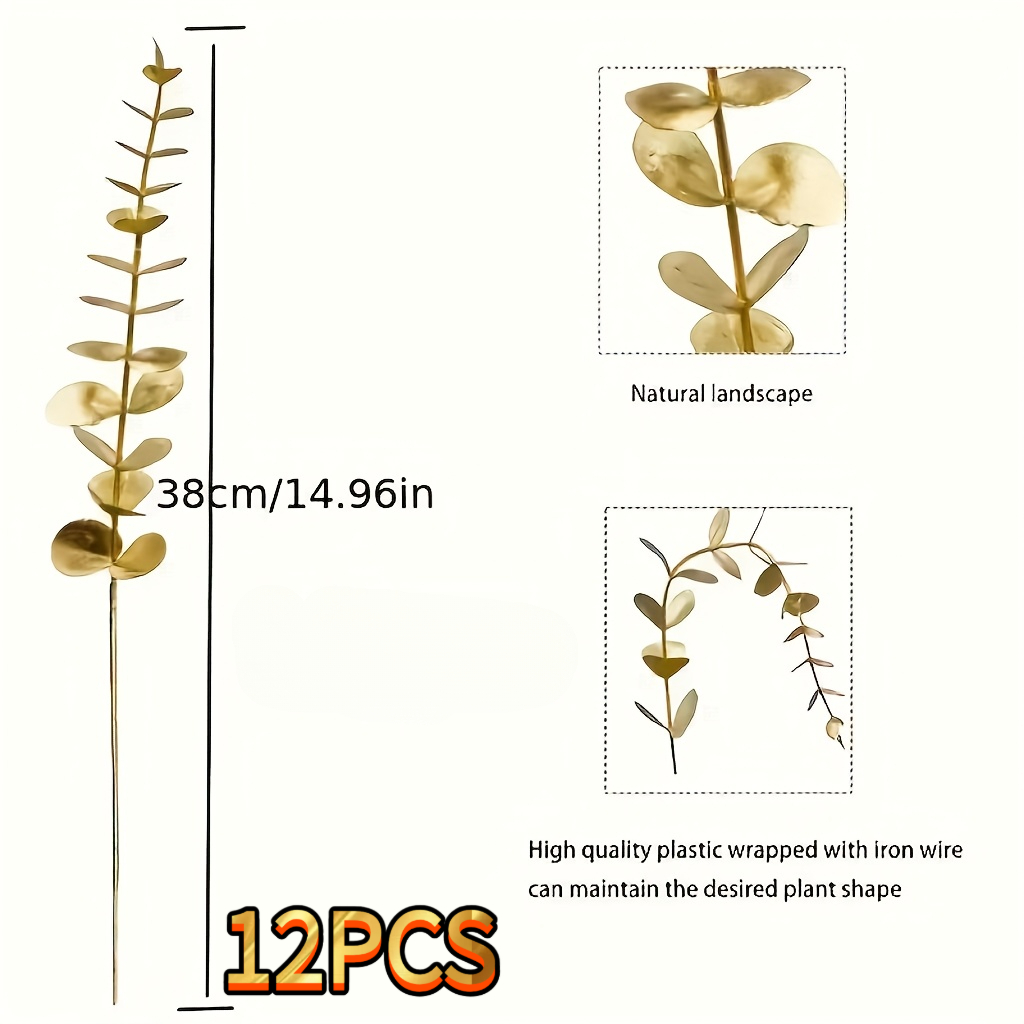 TEMU 12pcs Golden Eucalyptus Branches | Artificial Leaves, 38cm/14.96 Inches Long, Christmas And Valentine's Day Decor, Suitable For Home Vases And