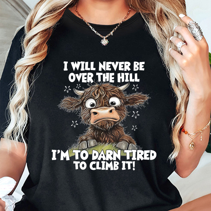 

Women's Casual Crew Neck T-shirt With Highland Cow Print And Inspirational Quote, Polyester With Medium Stretch, Knit Fabric, Alphabet Pattern, For All Season