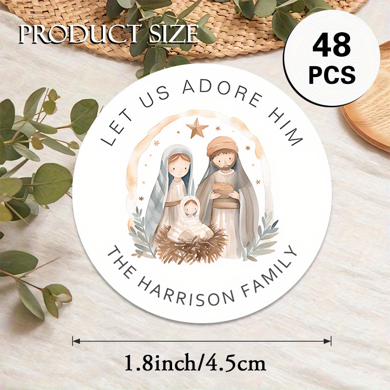 TEMU Custom 48/96pcs Religious Christmas Round Stickers, Personalizable With Name, Etc. Nativity Family Design. Good For Religious Events, Party
