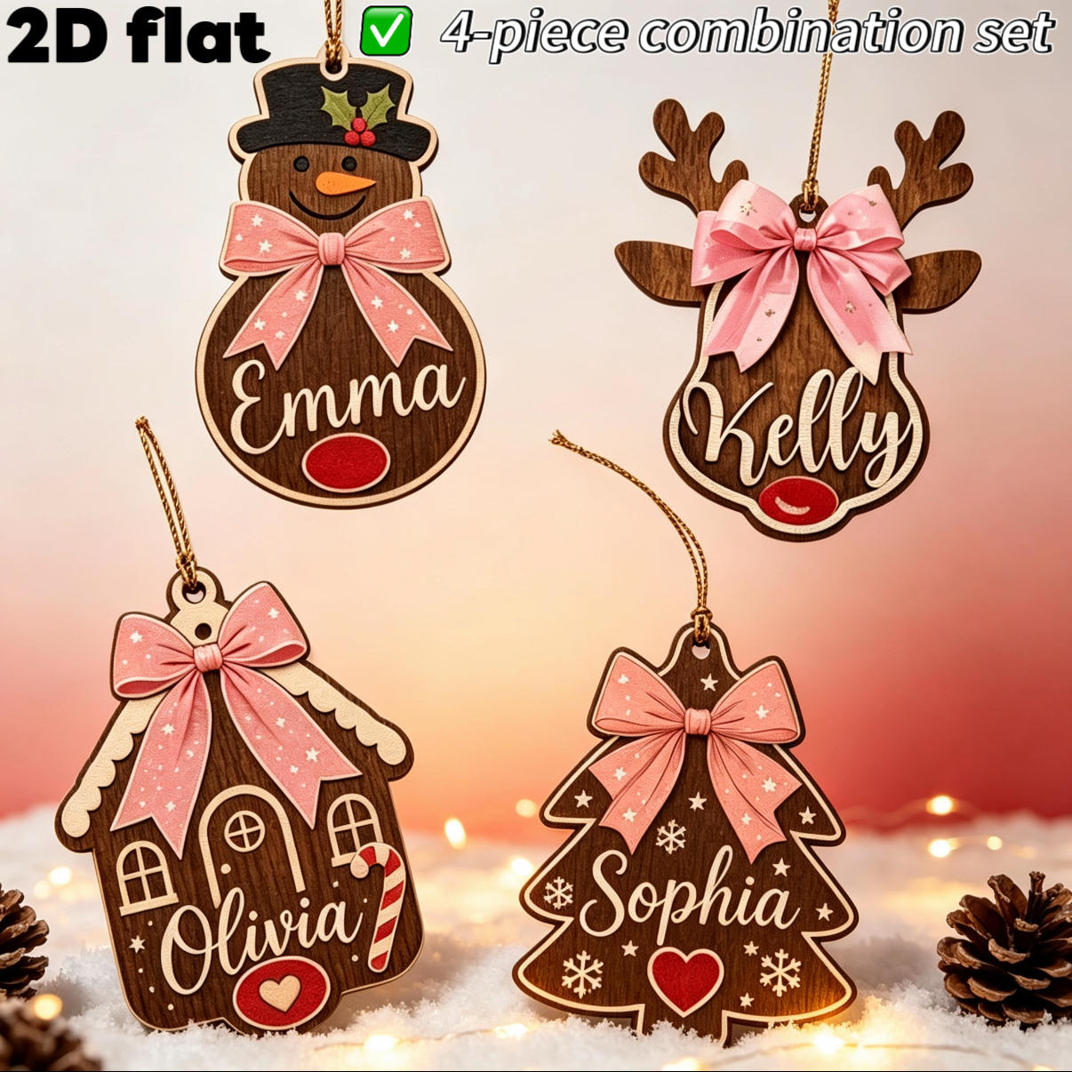 TEMU 2d Flat 1/4pcs Set, Custom Name Ornament, Snowman Reindeer House Christmas Tree Wooden Decoration - Personalized Christmas Gift, Durable Holiday