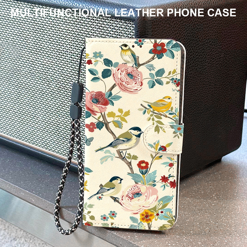 TEMU Phone Case: Magnetic Flip Wallet Phone Case With Card Slot, Lanyard, And Foldable Stand, Floral Bird Pattern, Suitable For Galaxy S26/s26
