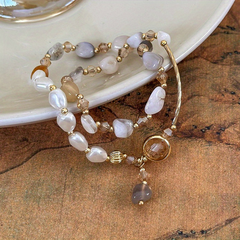 Women'S Double Layer Stacked Imitation Natural Stone Pearl Beaded Bracelet, Unique Design, Elegant Vintage Light Luxury Jewelry, Fashionable Accessory