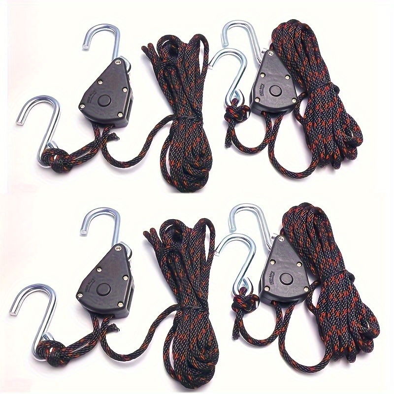 TEMU 4pcs Camping Tent Pulley Ratchet, Kayak Nylon Rope Fastening Lines, Adjustable Heavy-duty Rope Hooks