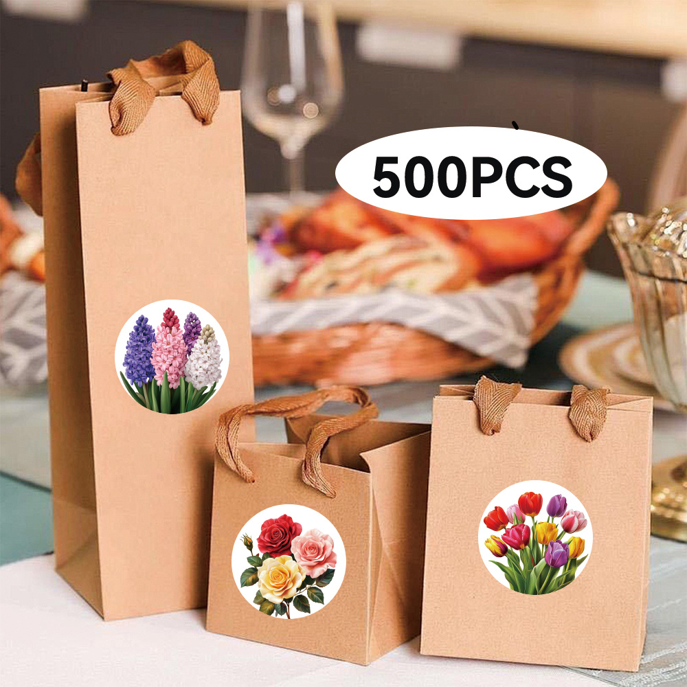 E-shop 500 Stück selbstklebende Blumenaufkleber, geeignet für Valentinstagsgeschenke, glänzende Papierbögen mit bestickten mehrfarbigen