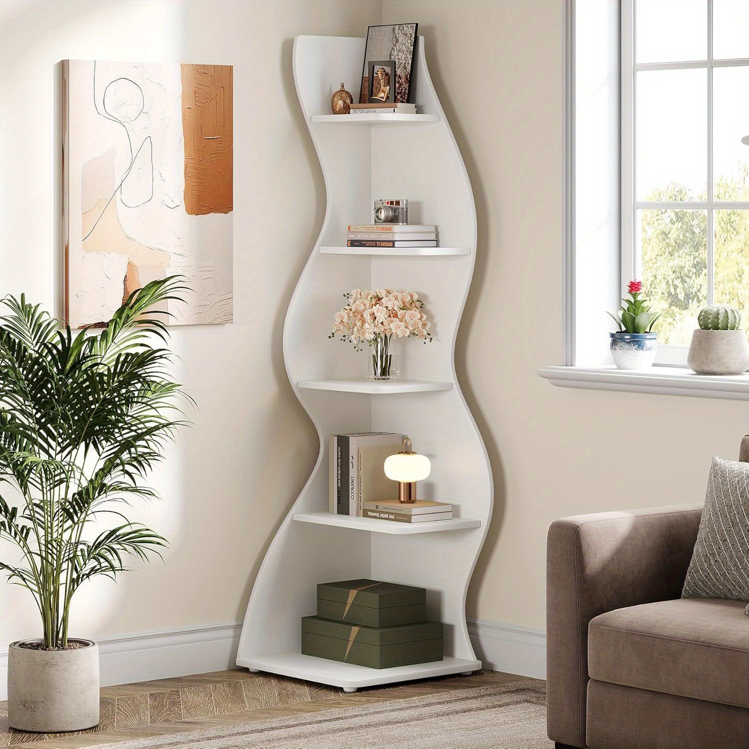 5 tier wavy bookcase modern corner shelf bookshelf with curvy shape unique plant stand display rack for living room bedroom home office small  