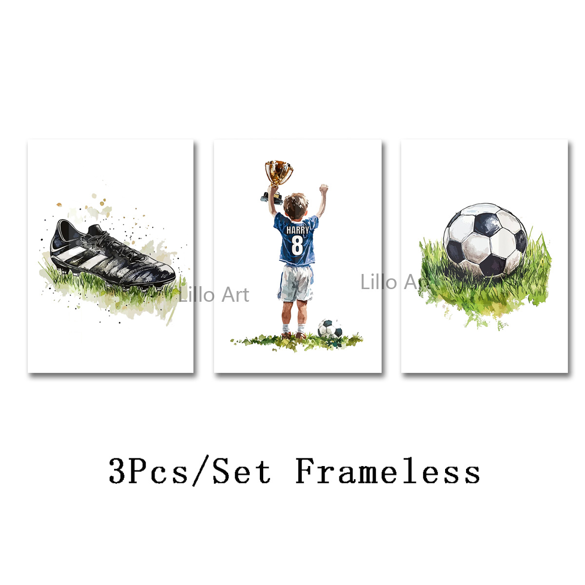 TEMU 3pcs Personalized Soccer Wall Art Set - Name & Number Posters With Blue/ - ' Room Decor, Modern For Home, Christmas Gift Idea (vertical Wrapped