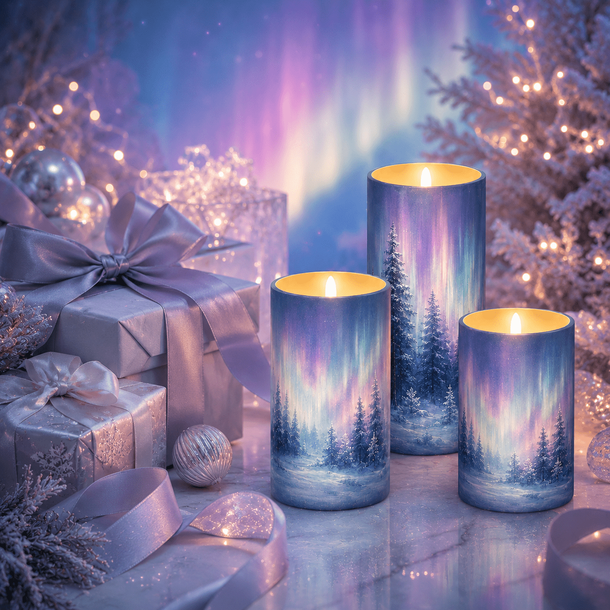 TEMU 3pcs Aurora Forest Scene Flameless Led Candle Set Warm Flickering Decorative Lights Winter Woodland Style Home Decor Tabletop Accent Lights