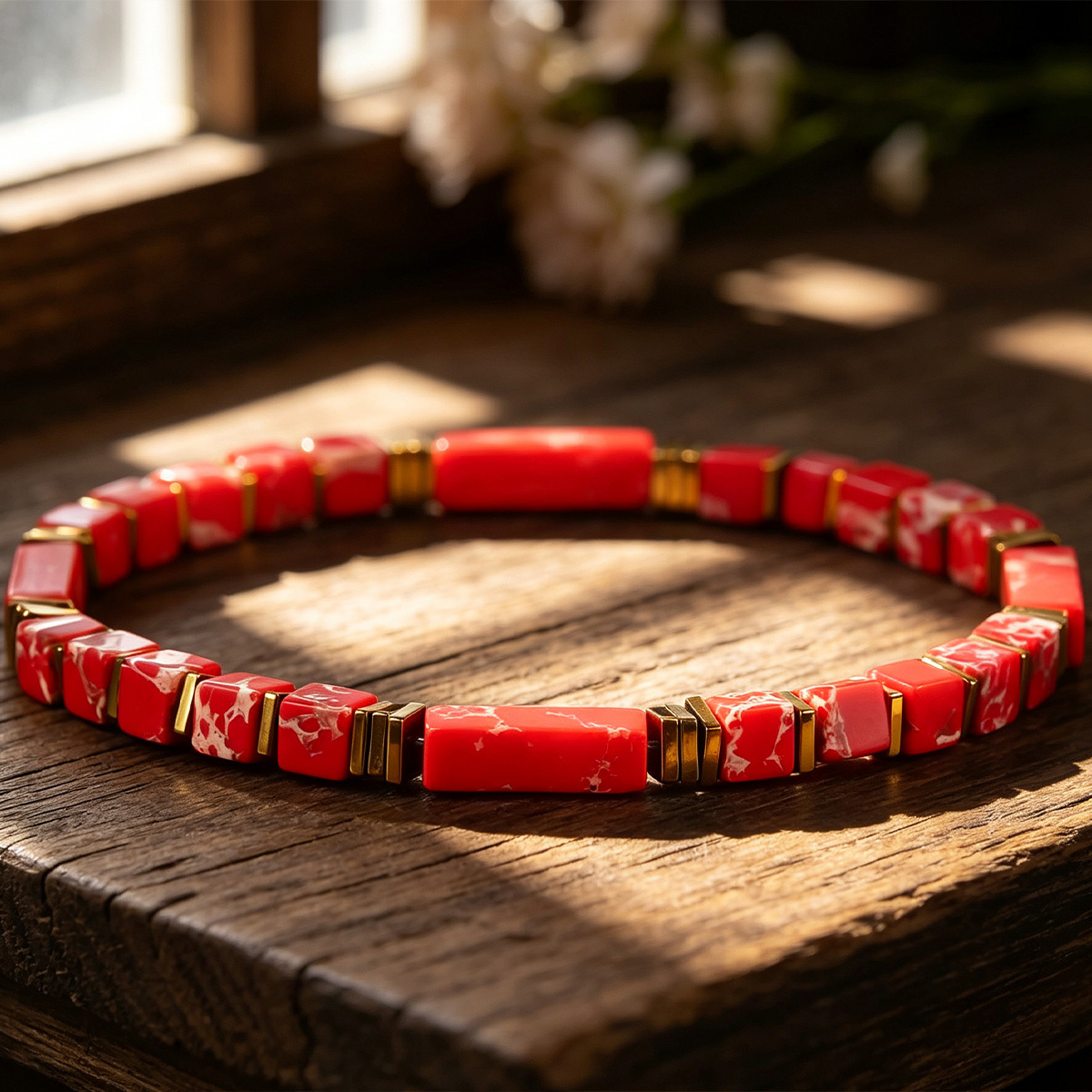 Natural Red Imperial Jasper Rectangle & Square Bead Bracelet, Unisex