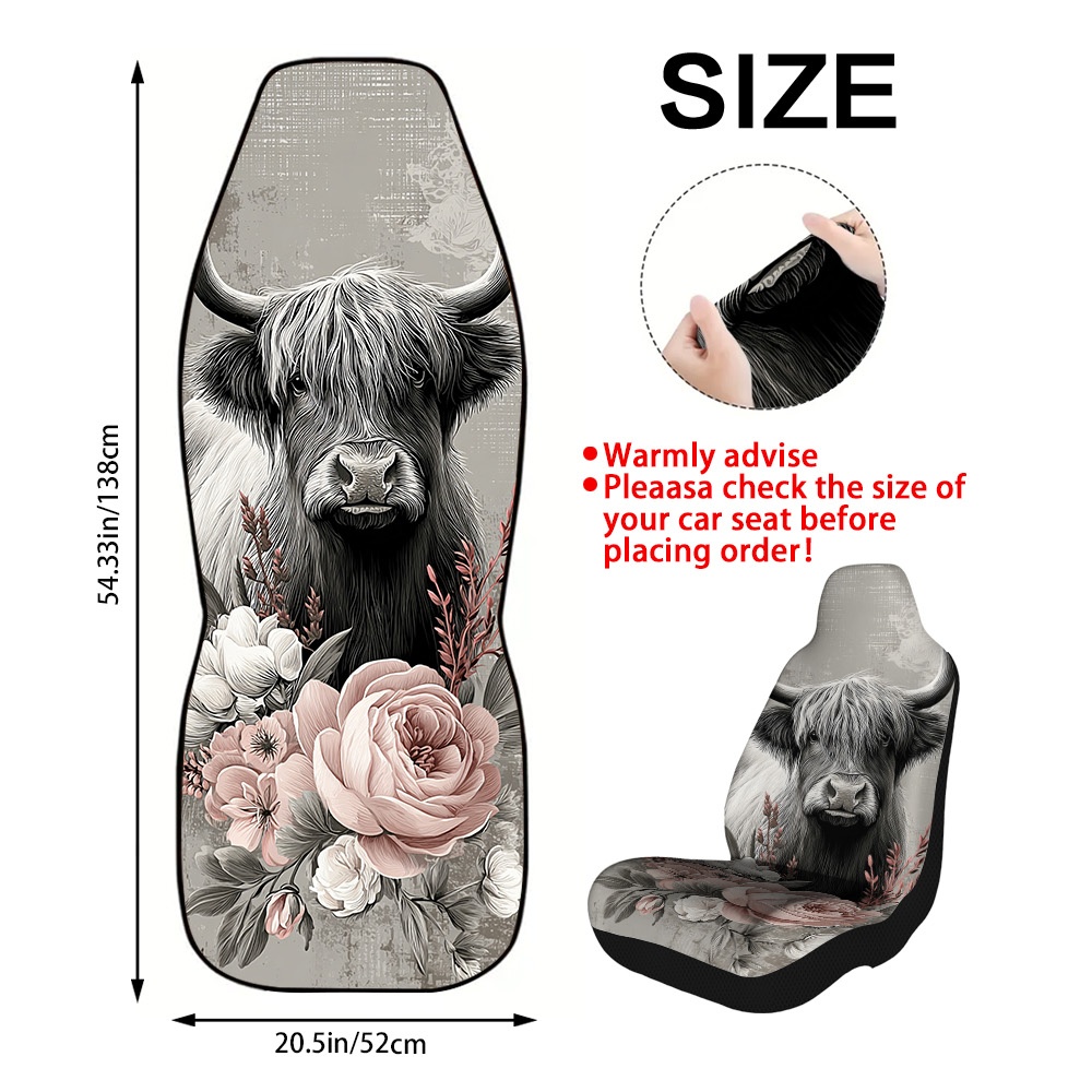 TEMU 2pcs Highland Cow With Flowers Printed Car Seat Cover Set – Fashionable Vehicle Interior Decoration With Sleek , Fits Most Sedans, Suvs, And