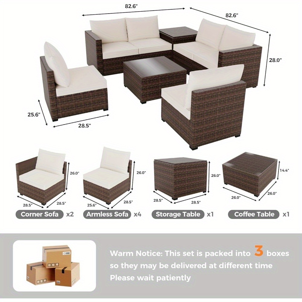 GAOMON 8pcs All-Weather Outdoor Patio Furniture Set - Rattan Wicker Sectional Sofa with Glass Table & Storage Box, Durable Weather-Resistant Design for Garden, Balcony, or Patio Use, Patio Furniture Set, Balcony Seating, Modern Patio Decor, Easyclean Material