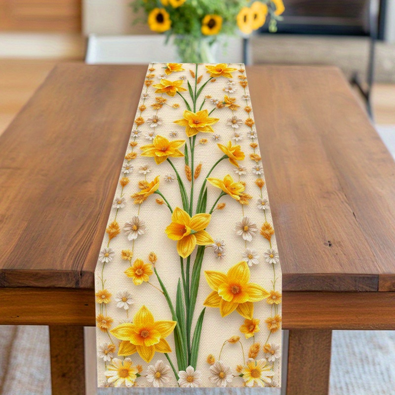TEMU 1pc Spring-themed Table Runner - & Delicate Floral Pattern, Durable Polyester Fabric, Vibrant Yellow & Beige, Elegant Kitchen & Dining Decor For