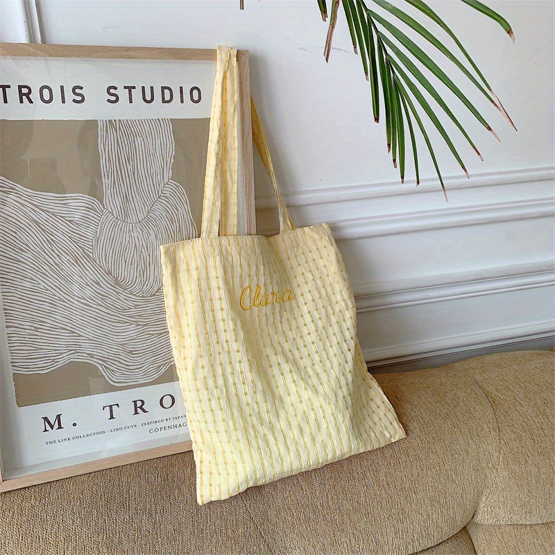 TEMU 【レディース】カスタム刺繍 チェック柄 トートバッグ、広々軽量付きインナーポケット ショルダーバッグ、 カジュアル ハンドバッグ、通勤、旅行、レジャー、ショッピングに最適