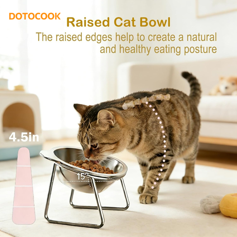 TEMU DOTOCOOK 1 stuks Heavy-Duty RVS Kattenvoerbak - Anti-Kantel Verhoogd Bak Systeem met Gemakkelijk Schoon te Maken Afgeronde Hoeken, 15° Schuine