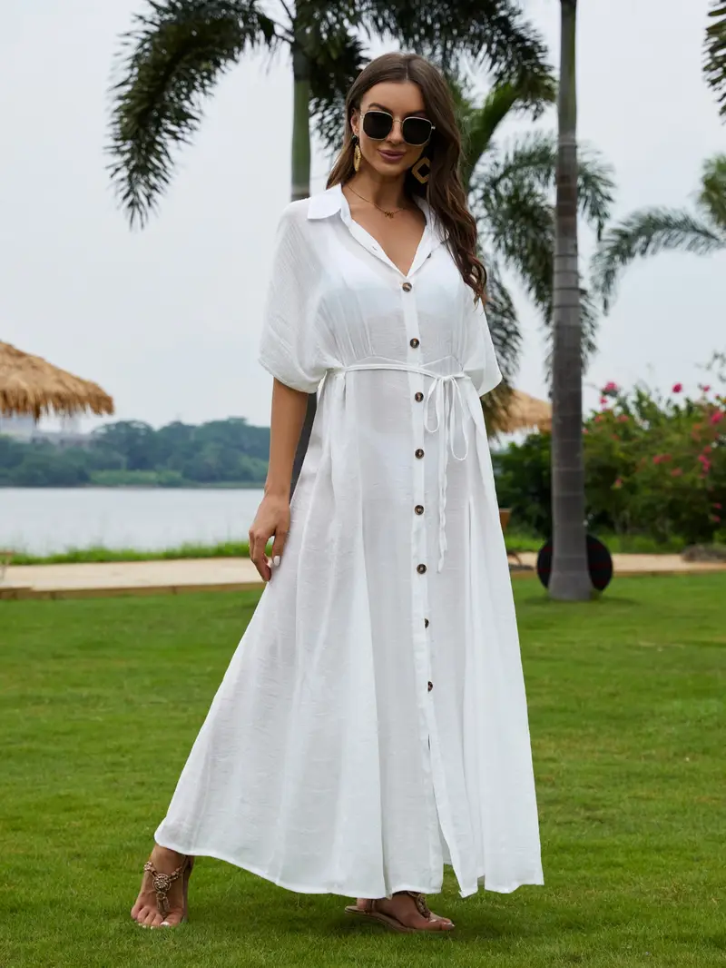 shirt dress beachwear Blue Beachwear 100% Cotton Stripe Maxi Shirt Dress