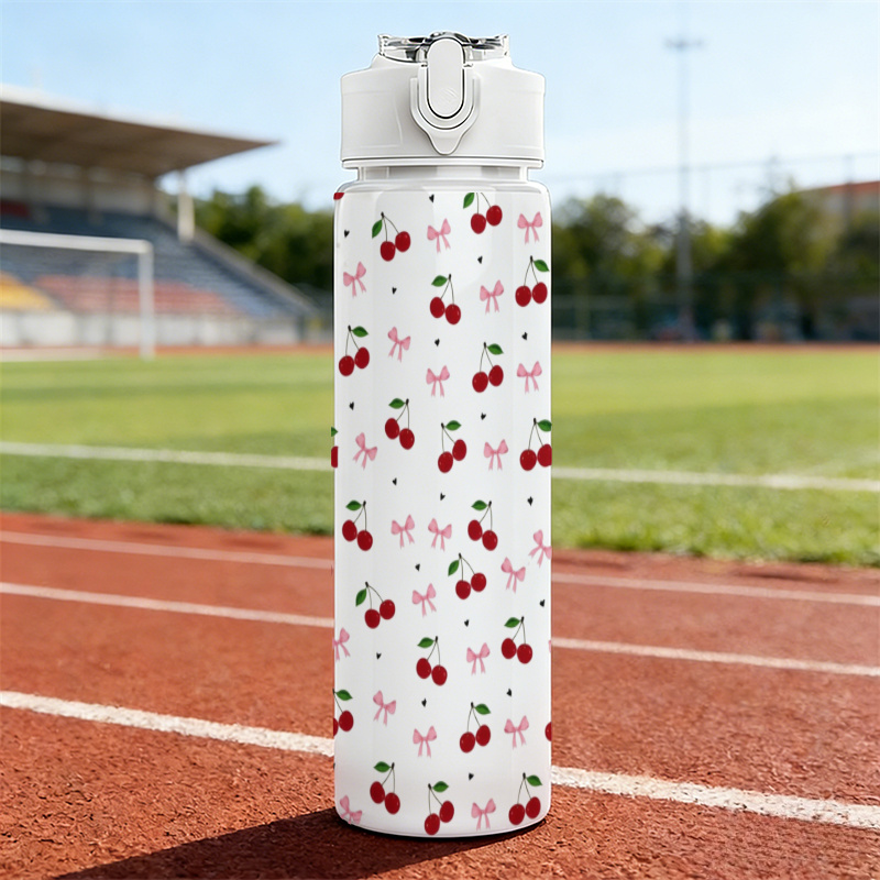 TEMU 1pc 25oz/750ml, High-capacity Water Bottle With Strap Cute Portable Water Bottle With Adorable Cherry And Light Pink Bow Print, Reusable