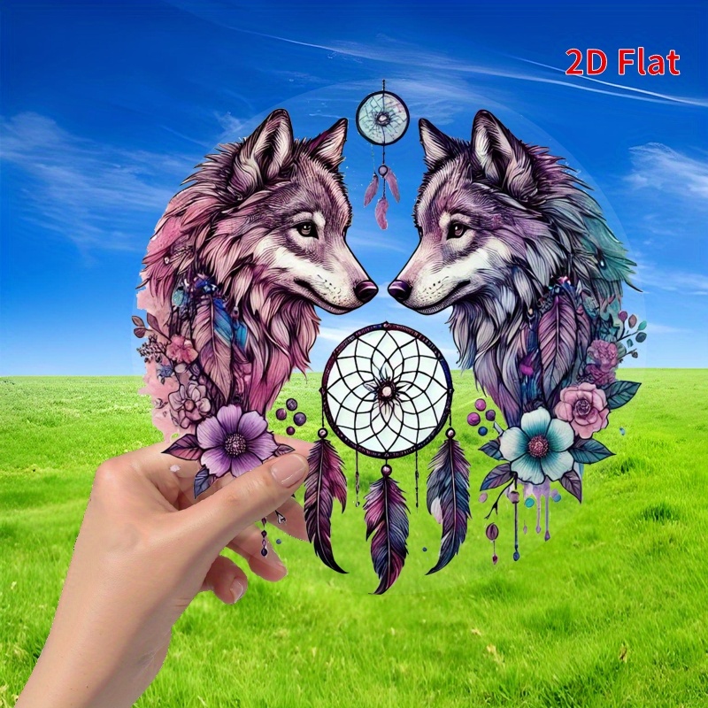 TEMU 2d Flat Wolf Design Acrylic Hanging Decoration - 8"x8" Round Window Decoration With Bright Feathers And Flowers, Home And Garden, Ideal Gift For
