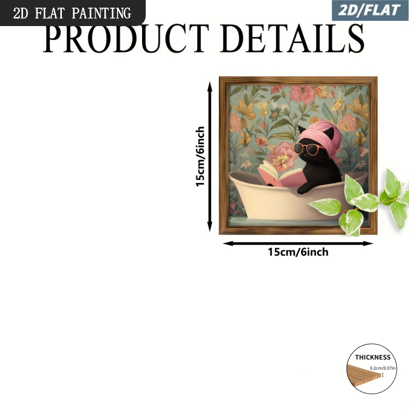TEMU 2d Flat, A 2d Vintage Black Cat Reading A Book In A Bathtub Wooden Sign, Floral Theme, Wall Decor, Bathroom Wall Art, For Bedroom, Living Room,