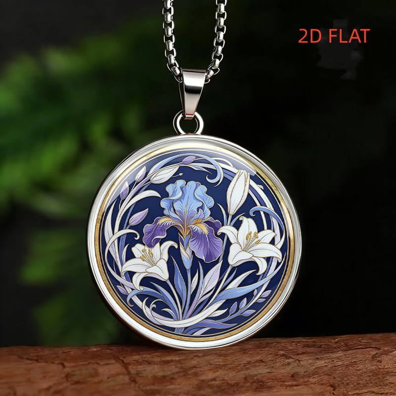 TEMU Vintage Iris Floral Round Pendant Necklace Unisex Light Luxury Artistic Niche Design Versatile Accessory For Daily Commute Dating And Everyday
