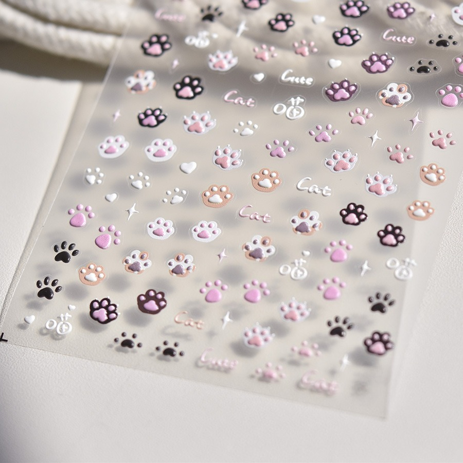 Q-cute 5d Embossed Nail Stickers For, Adorable Cat Paw Decorations, Small Ornamental Paw Print Stickers