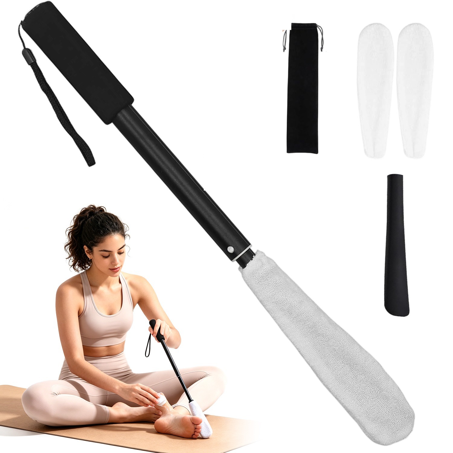 Cleaning Brush With 3 Replaceable Heads & Telescopic Handle - Long Reach Scrubber For, Pregnant Women, Mobility - Extendable Body Cleaning Tool, No Bending Required