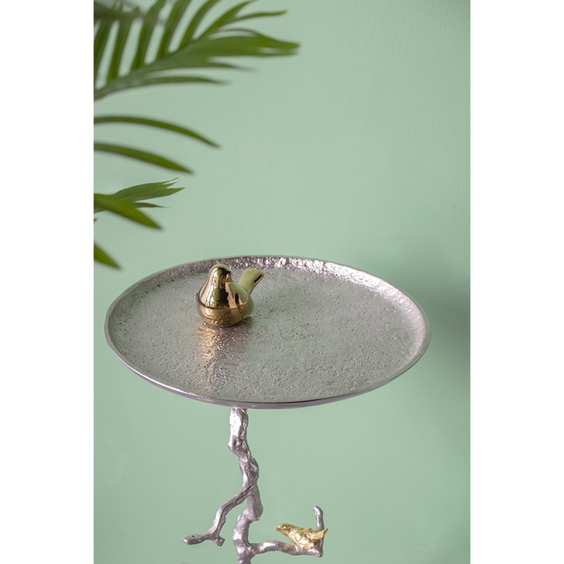 16.9x16.9x28' Round Aluminum Side Table with Sier Branch Design and Golden Bird Accents