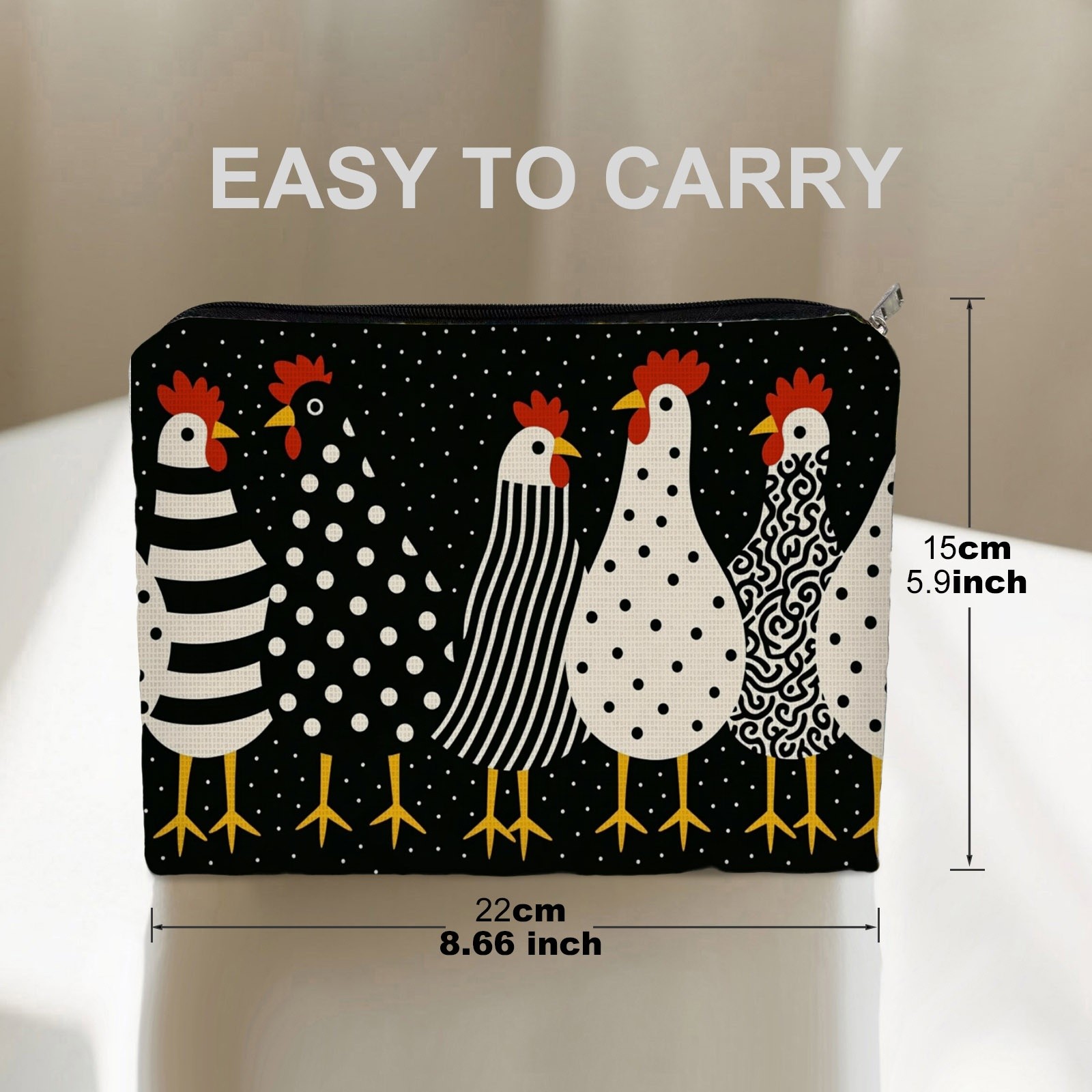 TEMU 1pc Polyester Makeup Bag With Double - Sided Design, 5.9in*8.66in Size, Featuring Colorful Chicken Patterns On Black Background With White Dots,
