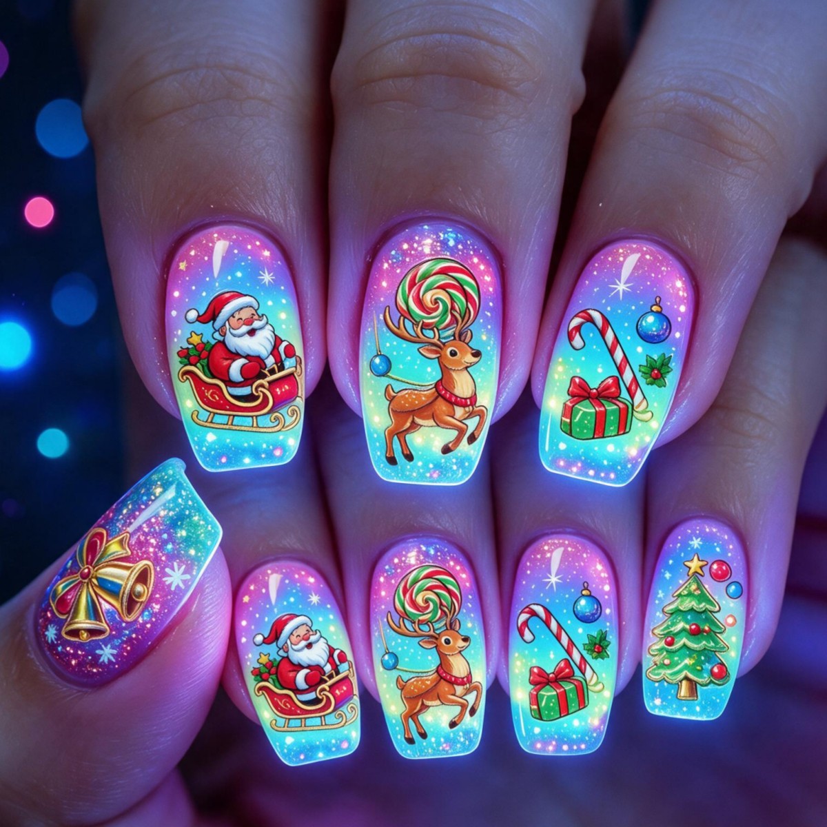 TEMU Paquete de 24 uñas postizas navideñas de presión, aptas para fiestas de mujer, reutilizables y desmontables, con diseño de de Papá Noel, renos,