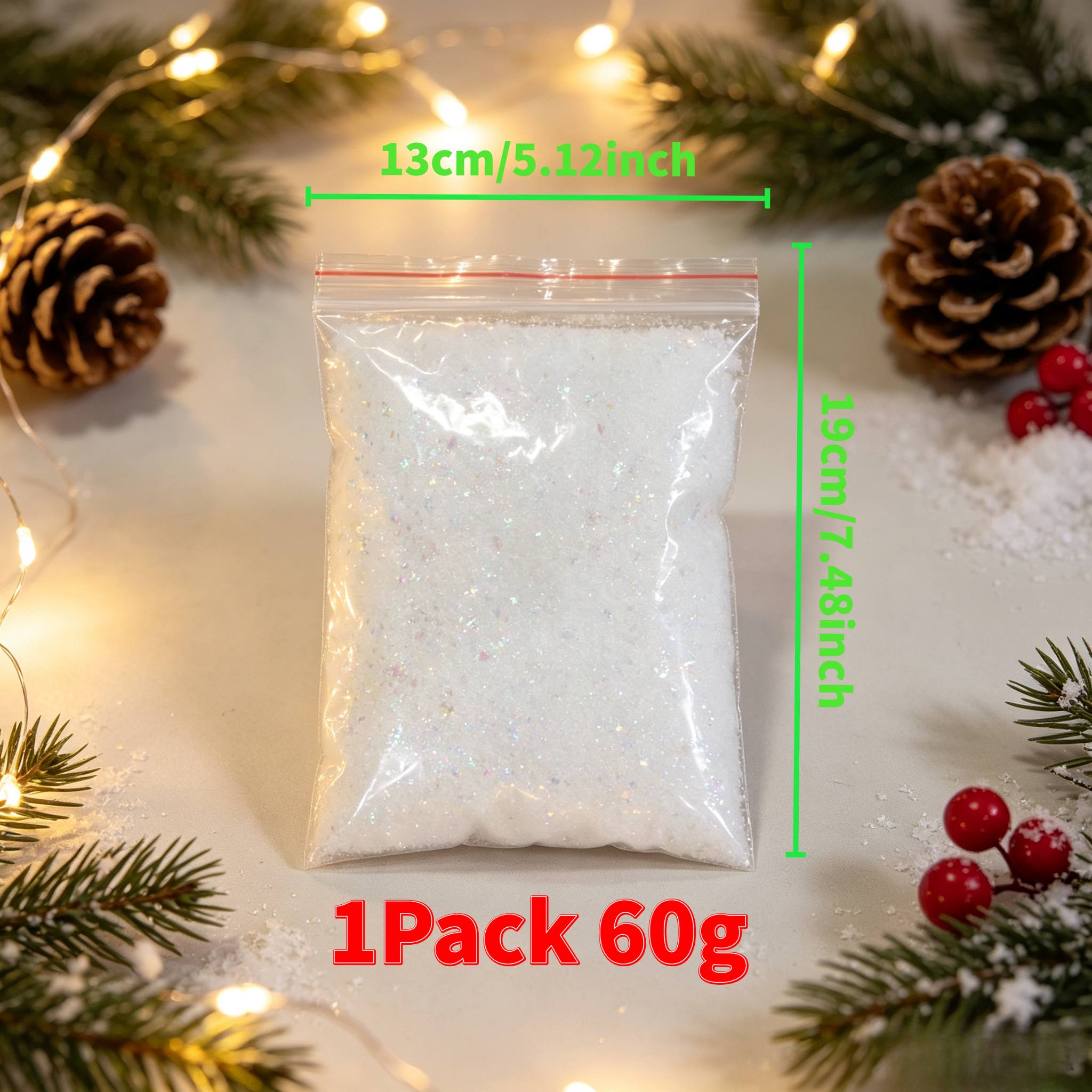 TEMU 1 Pack Snow Decor - 60g Colorful Flashing Artificial Sparkling Snow Tree Wreath Tabletop Fireplace Party Scene Decoration Non-toxic Safe Indoor