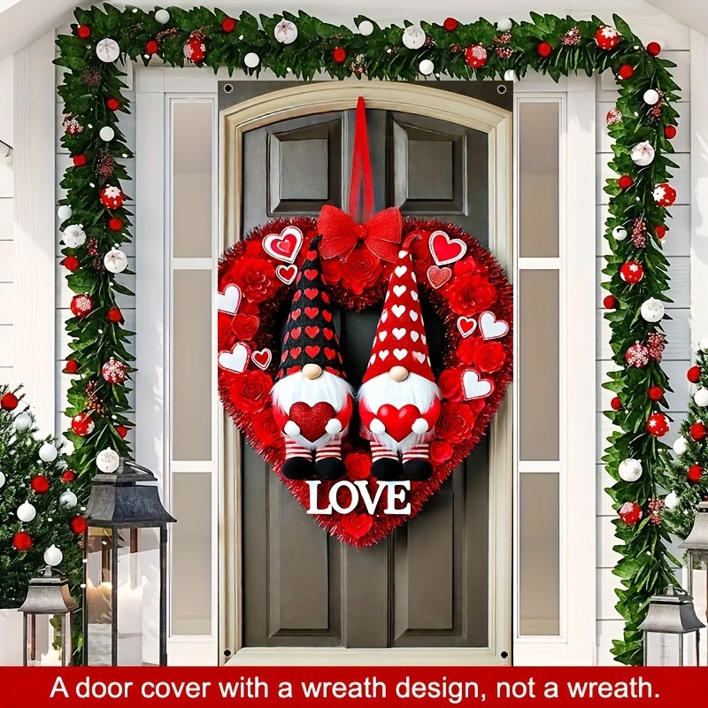 

1pc Contemporary Polyester Fiber Heart-shaped Valentine's Day Gnome Wreath Sign - 35.4"x70.9" Festive Door Hanging Banner For Outdoor, Garden, - No Battery Needed, New Year'