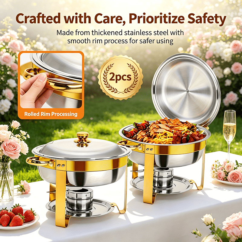 Image of 2 Pack Chafing Dishes For Buffet, Round Chafing Dish Buffet Set, Stainless Steel Buffet Food Warmers Sets For Catering Events Parties Dinners With Complete Set, For Cooking