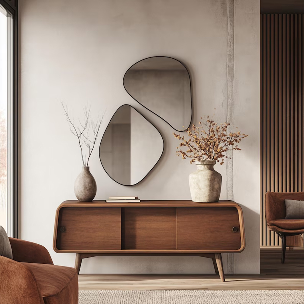 Irregular Wooden Decorative Wall Mirror, Frameless Wall-Mounted Mirror, Shatterproof HD, Suitable for Bedroom, Living Room, Gym
