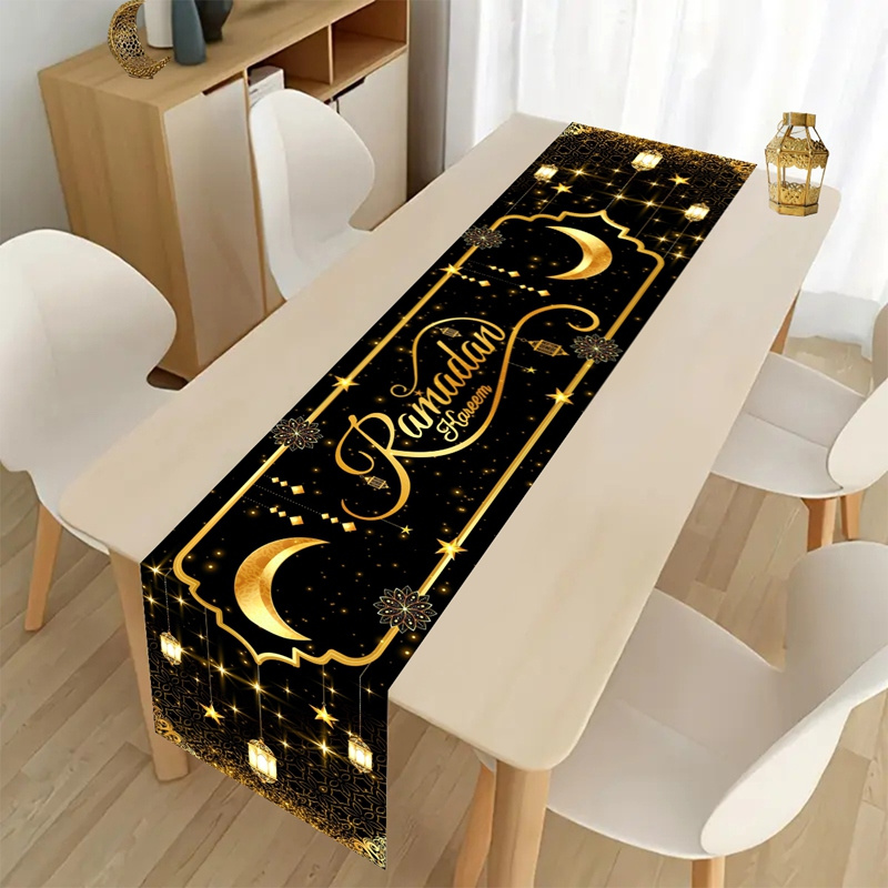 

Elegant Black & Golden Eid Table Runner - 71"x13.8" Polyester With Star, Moon & Lantern Design, Ramadan Kareem & Eid Al Celebrations, Festive Party Decor