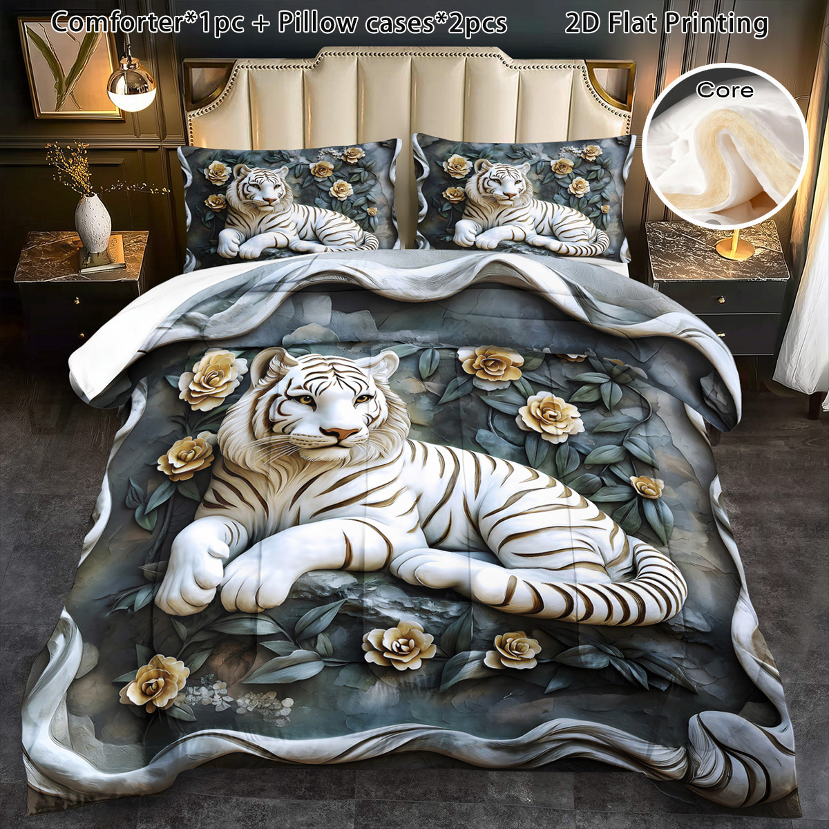 TEMU 3pcs Winter Comforter Set Featuring A White Tiger And , A Cozy Boho Style. Bedding Makes A Halloween Gift, And Is Ideal For Christmas Room