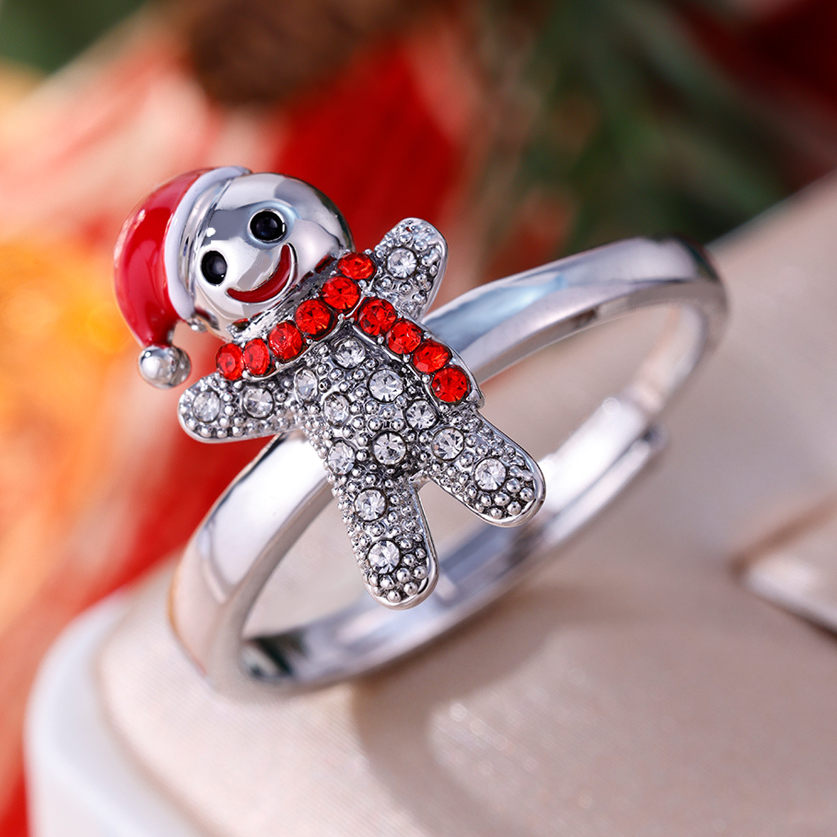 Copper Inlaid Zirconia Gingerbread Man Open Ring, Festive Gift