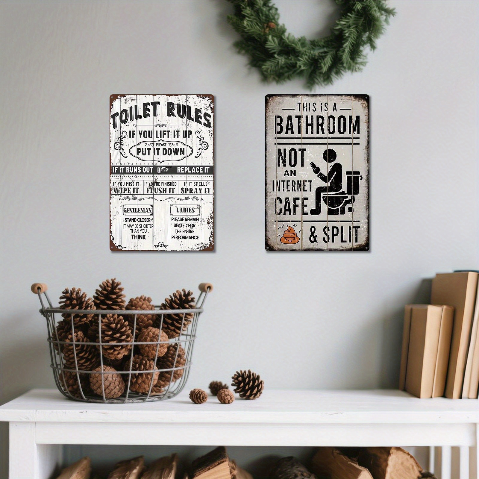 TEMU Set Of 2 Humorous Metal Signs Outlining Toilet Etiquette, Perfect For Farmhouse-style Bathroom Decor, Measuring 12x8 Inches