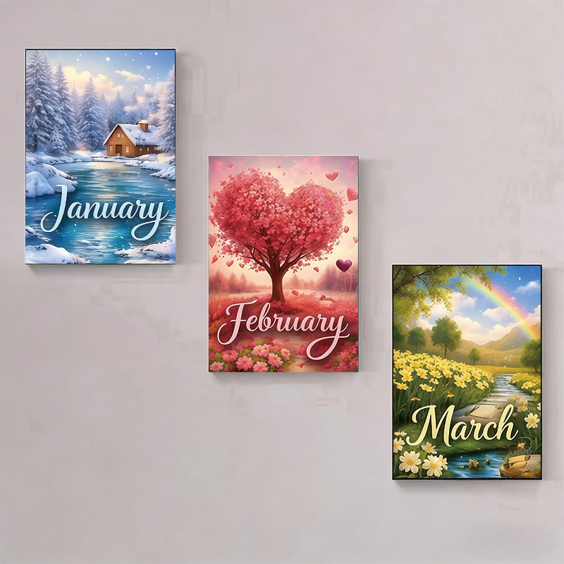 TEMU Nouvelle : Kit de Peinture Diamant DIY en 3 Sets, Paysage Thématique Février , Ronds à Plein , Décoration Murale pour Fête d'Année, Bordure