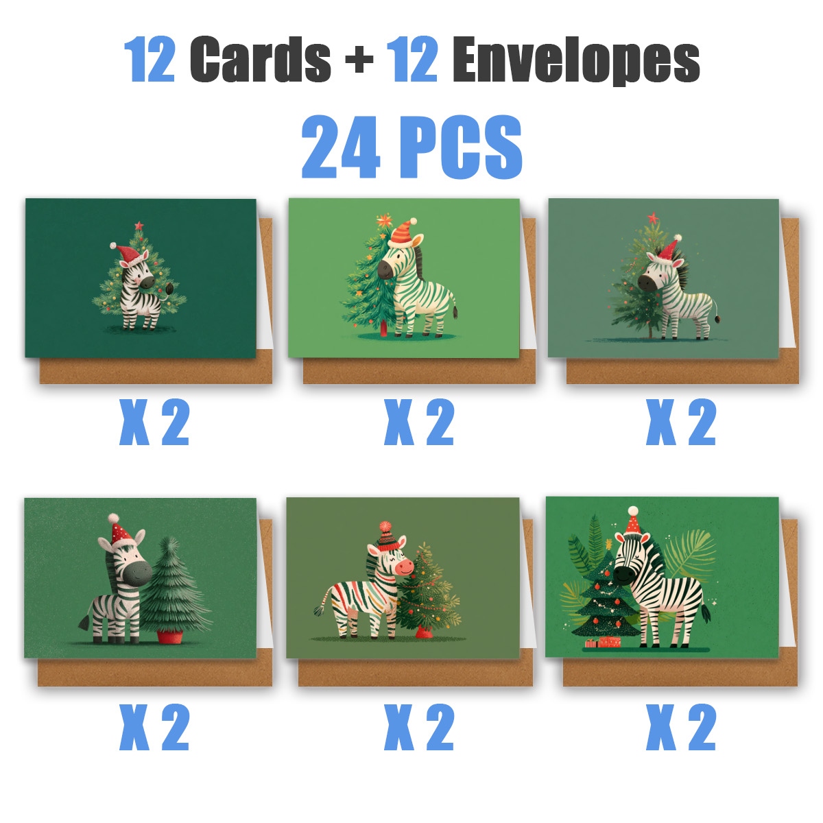 TEMU 1 Set/12pcs/24pcs Christmas Hats With Zebra And Christmas Tree Greeting Cards | Includes Envelopes, Cards | Perfect For Birthdays, Celebrations,