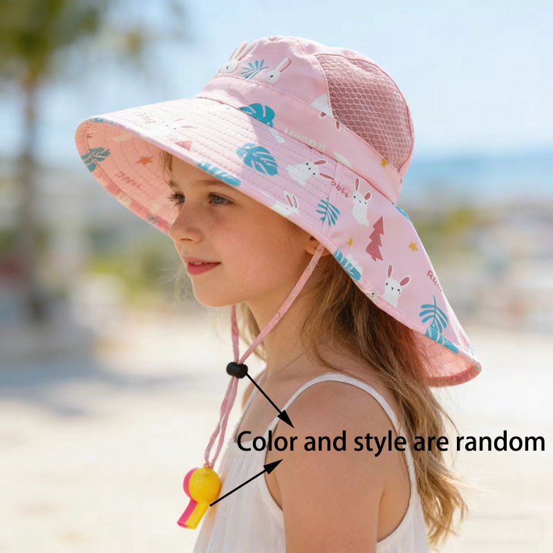 Image of 6-color Kids Summer Outdoor Sun Hat With Wide Brim And Wind Rope, Random Style Adjustable Soft Comfortable Multi-functional Casual Hat, Cute Random Cartoon Pattern Wide Brim Sun Hat Suitable 3