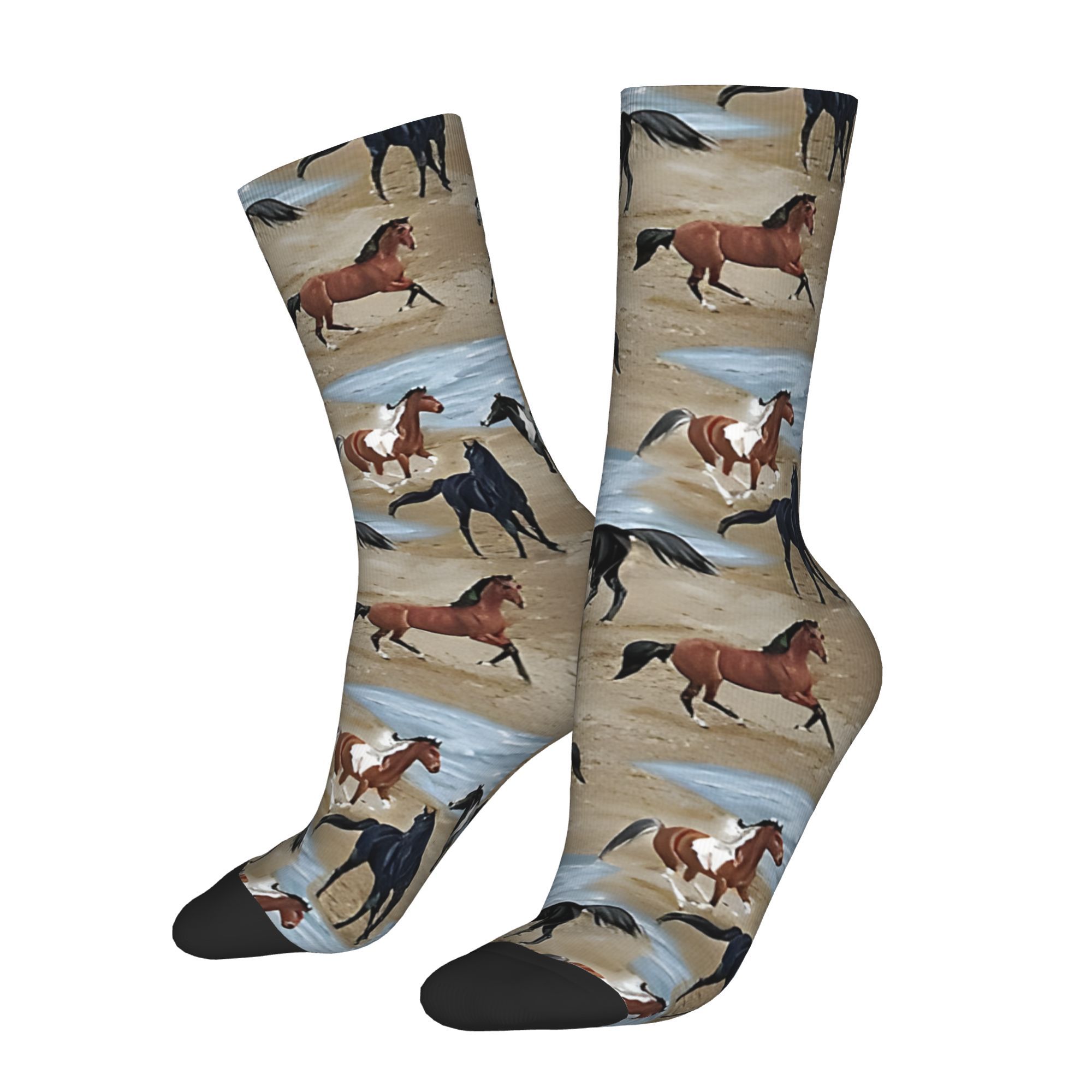 

1 Pair Horse Print Unisex Socks, Polyester 95% Elastane 5% Knit Fabric, Printed Animal Pattern, Hand Washable, For Winter