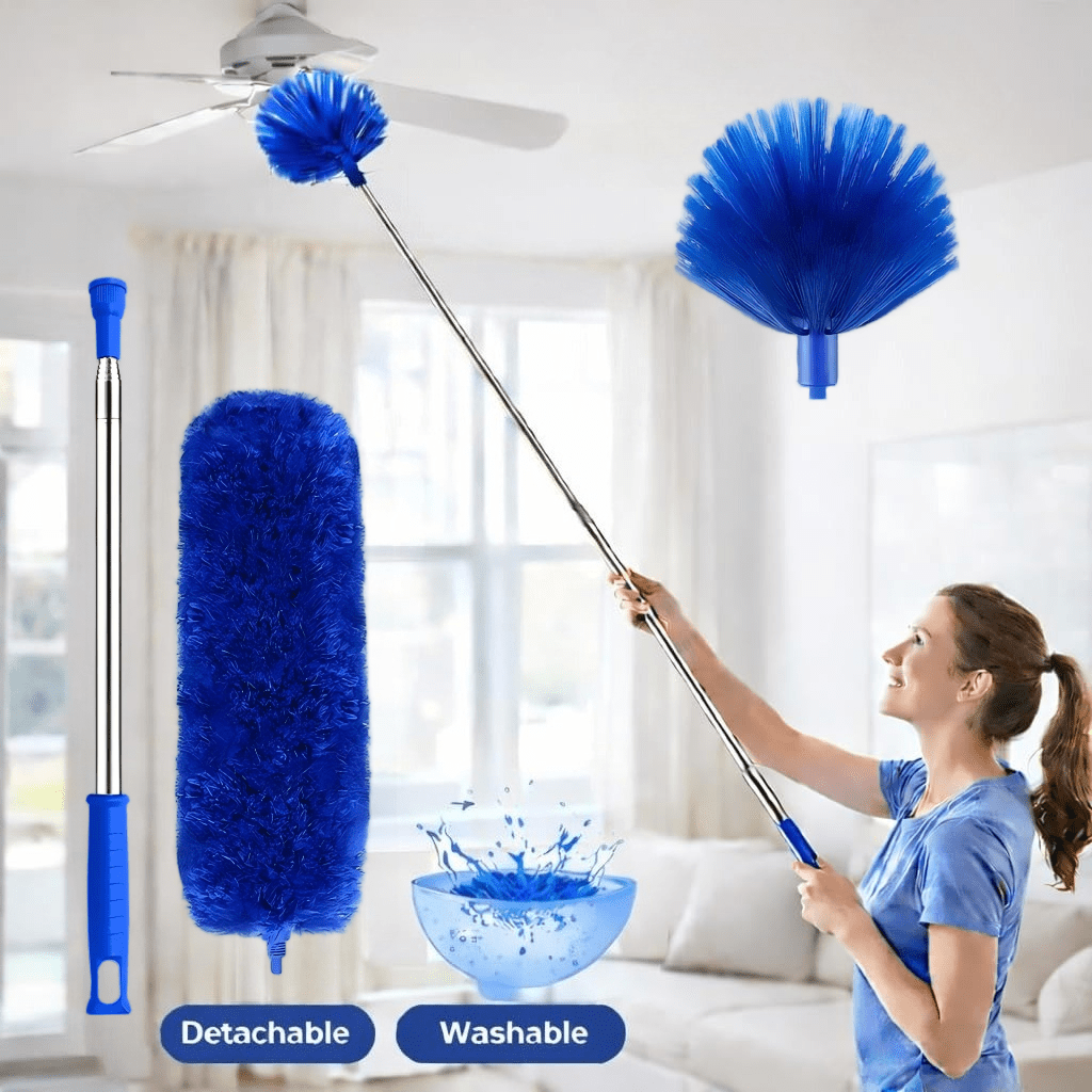 TEMU 100 Inch Extendable Ceiling Fan Cleaning Duster With Telescopic Stainless Steel Rod | Detachable & Washable Microfiber Heads | Long Handle For