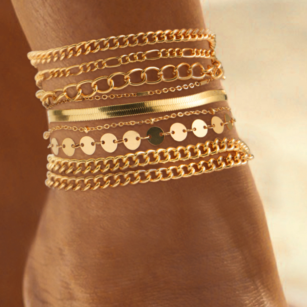 Image of Set Of Golden Anklets For Women, Featuring A With Mixed Chains And Metal Discs, Perfect As A Gift For A Beach