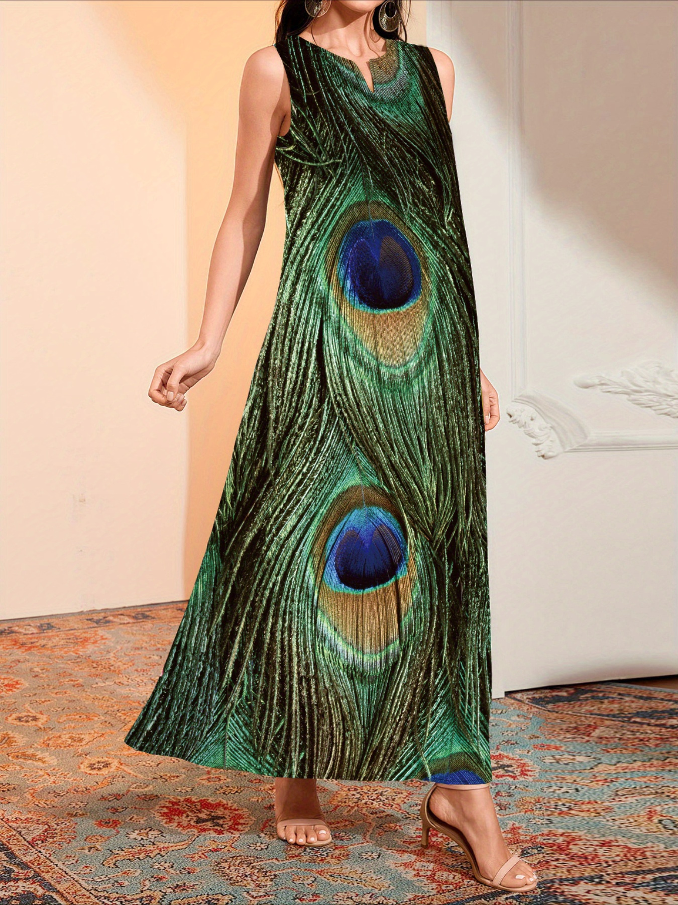 summer bohemian beach dress peacock print in ethnic style v - Temu