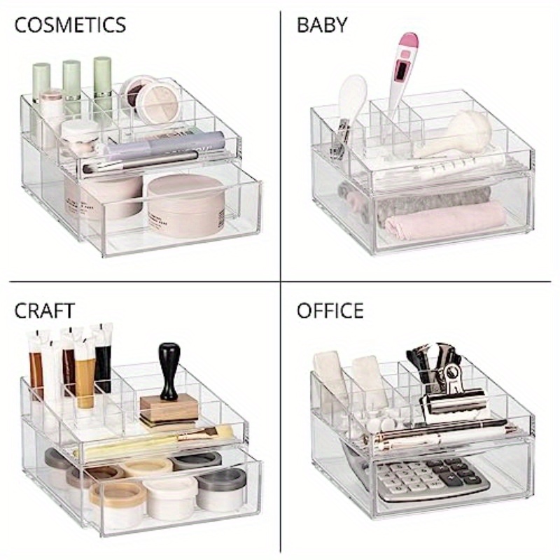   collection clear plastic divided makeup organizer bin with front drawer 11 compartment bathroom vanity storage for cosmetics brushes nail art tools durable countertop organizer space saving design 7 68x7x4 6in cosmetic storage organizer versatile use     material home organizers Product details 5