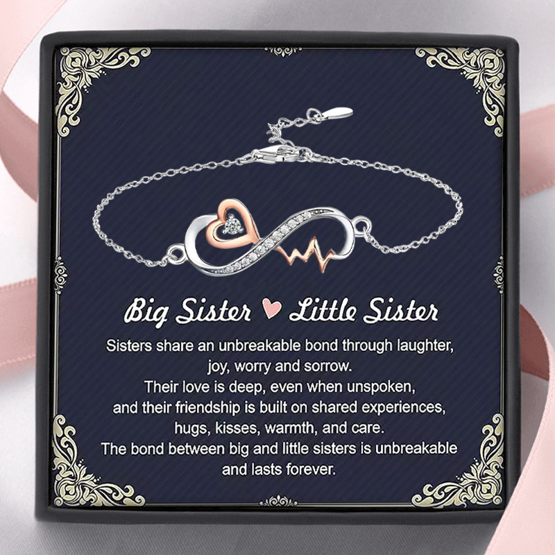 E-shop 1pc Big Sister & Little Sister Infinity Herzschlagarmband mit Karte und Geschenkbox - Silvery- Kupfer, Herzvolles Geschenk für Geburtstage oder