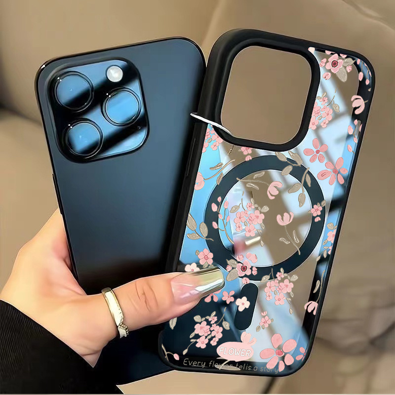 TEMU Phone Case - Pink Small Flower Graffiti Design Phone Case, Available In Multiple Colors, Macaron Style With Magnetic Suction Function. Suitable