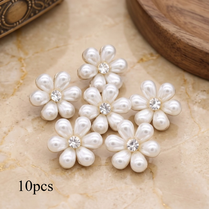 TEMU 10pcs Faux Pearl Rhinestone Flower Fasteners Metal Embellishment For Sewing Sweaters Cardigans Bridal Wedding Dress Crafts Applique