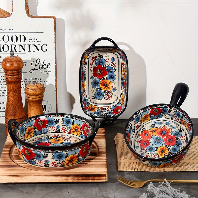 *. Retro Polnisches Keramik-Backblech, rechteckige Platte mit zwei Griffen, runde Backschüssel, mikrowellengeeignet * für Käse, Obst, Eintopf, Nudeln, elegantes Retro-Design, ideales Feiertagsgeschenk