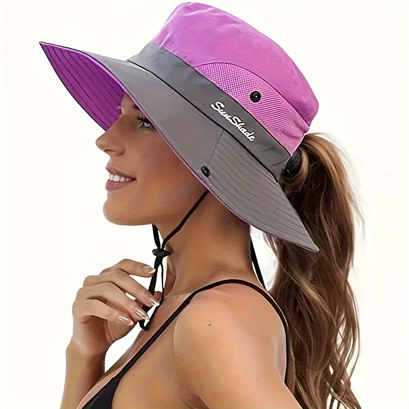 womens two tone lace up ponytail hole sun hat wide brim outdoor fishing hat with breathable mesh spring summer autumn outdoor   wide brim hat adjustable sun visor
