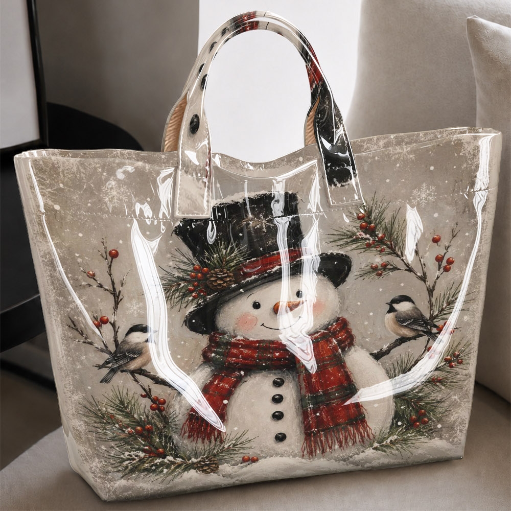 Image of Retro Snowman Christmas Print Tote Bag - A Cozy, Festive Handbag Spacious Capacity For Casual Shopping; Suitable For Christmas , Holiday Gifting, Daily Commuting, And Casual